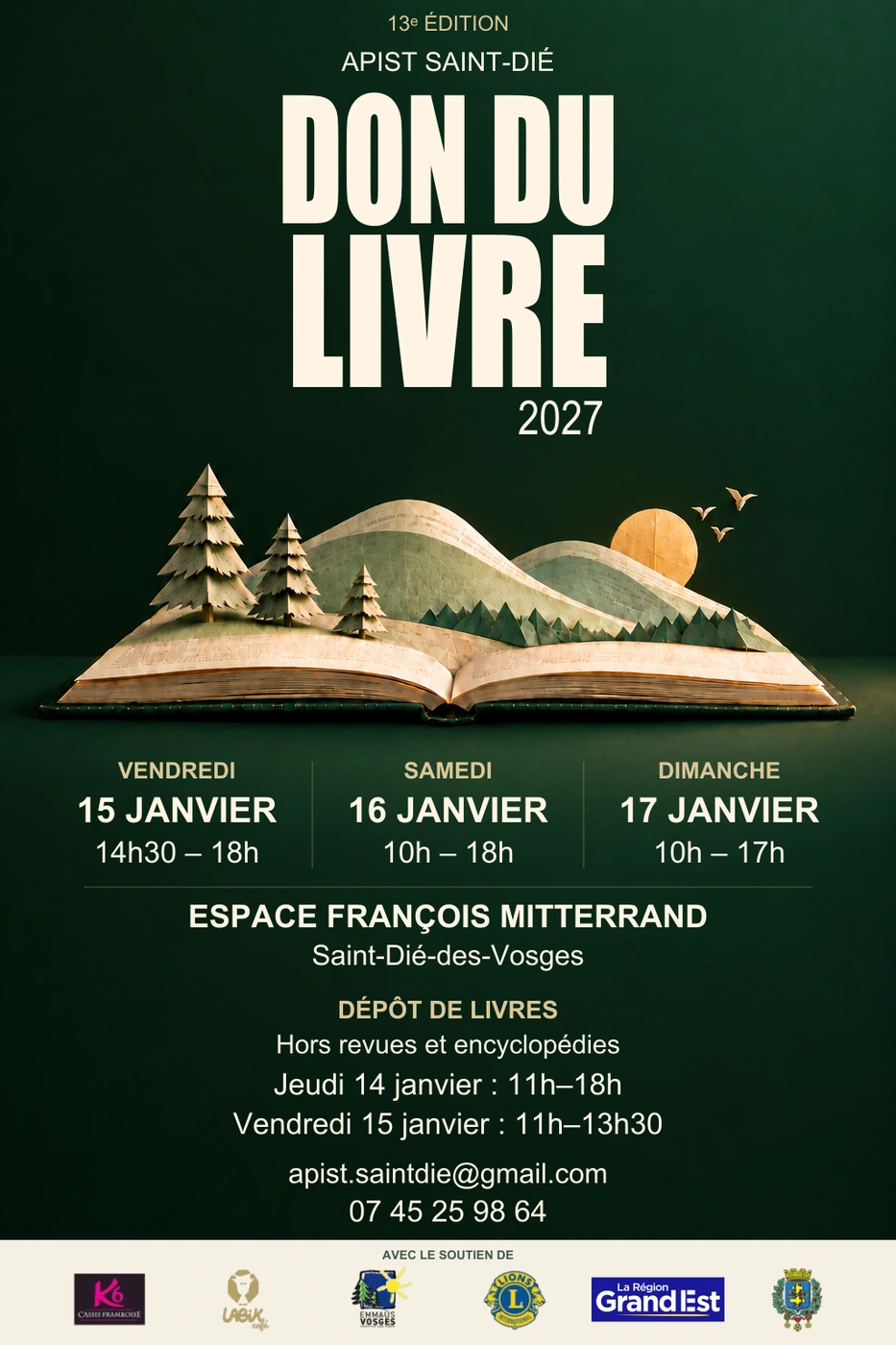 Affiche du Don du livre 2027 ; dates et horaires sont également présentés en texte
